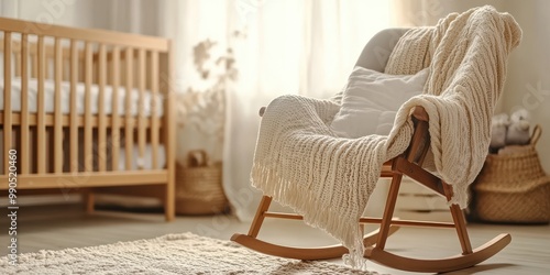 A cozy nursery featuring a rocking chair and crib, perfect for creating warm memories in a soft, inviting space. photo