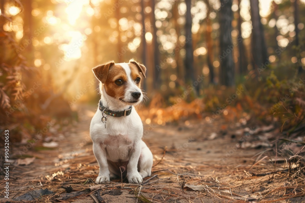 Dog in Forest. Small old funny Jack Russell Terrier sitting obediently in sunny woodland Dog in Forest. Small old funny Jack Russell Terrier sitting obediently in sunny woodland