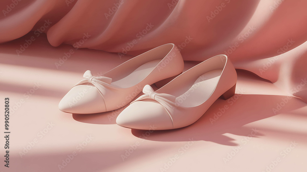 Elegant pink ballet flats with bows on a pink background. Elegant pink ballet flats with bows on a pink background.