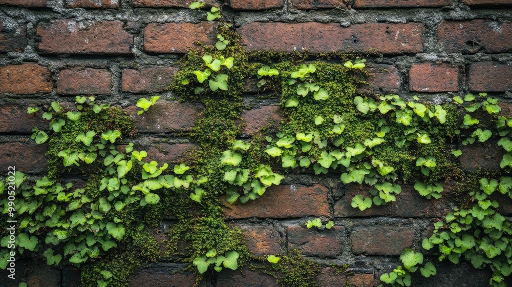 Green vines grow on a brick wall. This image can be used for a design that highlights nature's ability to grow and thrive in the most unexpected places. Green vines grow on a brick wall. This image can be used for a design that highlights nature's ability to grow and thrive in the most unexpected places.