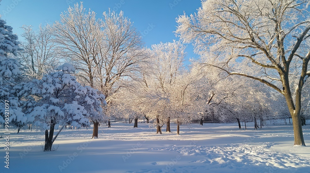Snow-covered trees in a snowy field with a bright blue sky. Snow-covered trees in a snowy field with a bright blue sky.