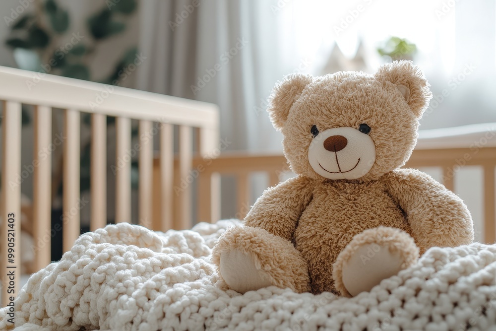 A cozy teddy bear sits on a knitted blanket in a bright nursery, creating a warm and inviting atmosphere for children. A cozy teddy bear sits on a knitted blanket in a bright nursery, creating a warm and inviting atmosphere for children.