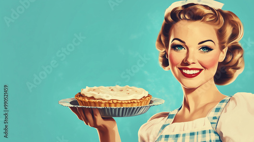 A vintage commercial style illustration of a perfect retro style traditional housewife in candy colours, smiling and holding a fresh baked pie. Wide landscape 16:9 with copy space, text blank