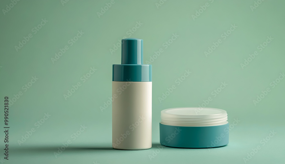 A white and blue plastic cosmetic bottle with a cap beside an empty round cream jar, positioned on the right. A white and blue plastic cosmetic bottle with a cap beside an empty round cream jar, positioned on the right.