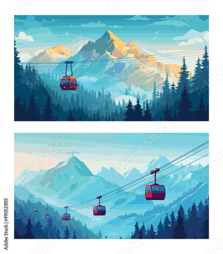 Cable car cartoon vector scenes. Ropeway rocks cabin trees lines hill through mountains horizon landscape view transport, attraction tourist entertainment illustrations