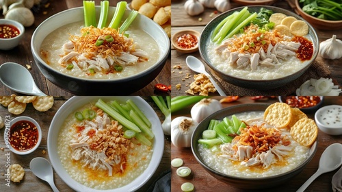 Top view photo of a bowl of traditional street food chicken porridge with shredded chicken topping and delicious vegetable soup. Sprinkled with green celery leaves and crackers on top