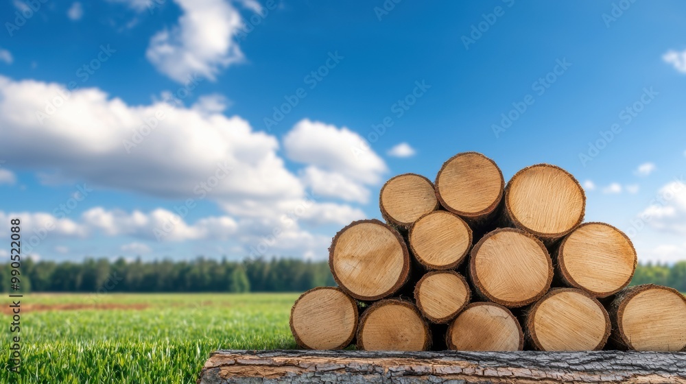 Stack of cut logs on a grassy field Pile of freshly cut tree logs on a green field with a bright blue sky and clouds in the background Stack of cut logs on a grassy field Pile of freshly cut tree logs on a green field with a bright blue sky and clouds in the background