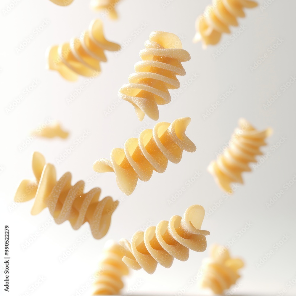 Uncooked fusilli pasta spirals captured mid-air, isolated on a clean white background, showcasing texture and movement. Uncooked fusilli pasta spirals captured mid-air, isolated on a clean white background, showcasing texture and movement.