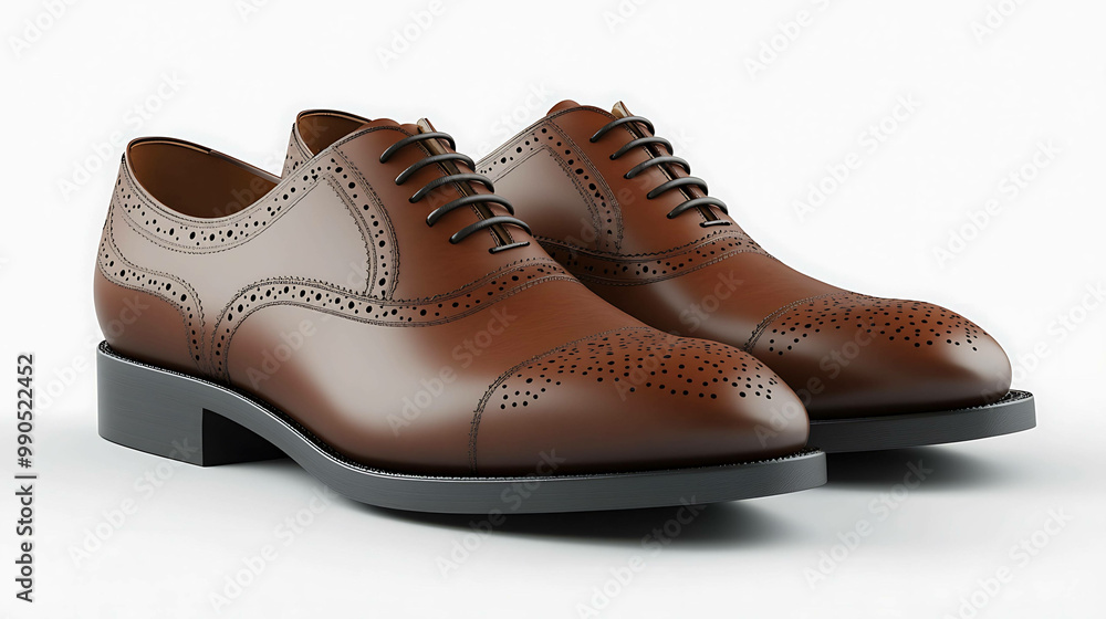 Pair of brown leather oxford shoes with brogue detailing. Pair of brown leather oxford shoes with brogue detailing.