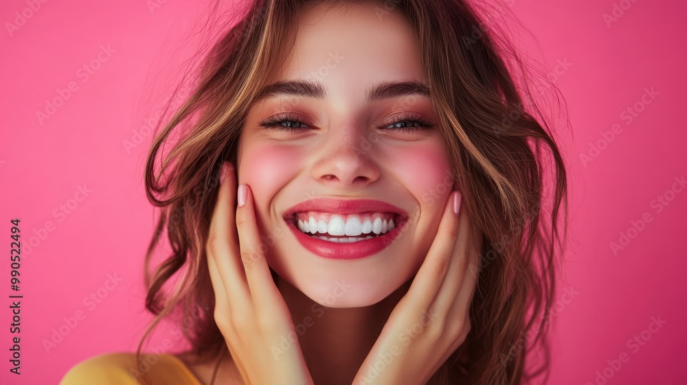 Close-up portrait of a beautiful woman with a bright smile against a pink background. Close-up portrait of a beautiful woman with a bright smile against a pink background.