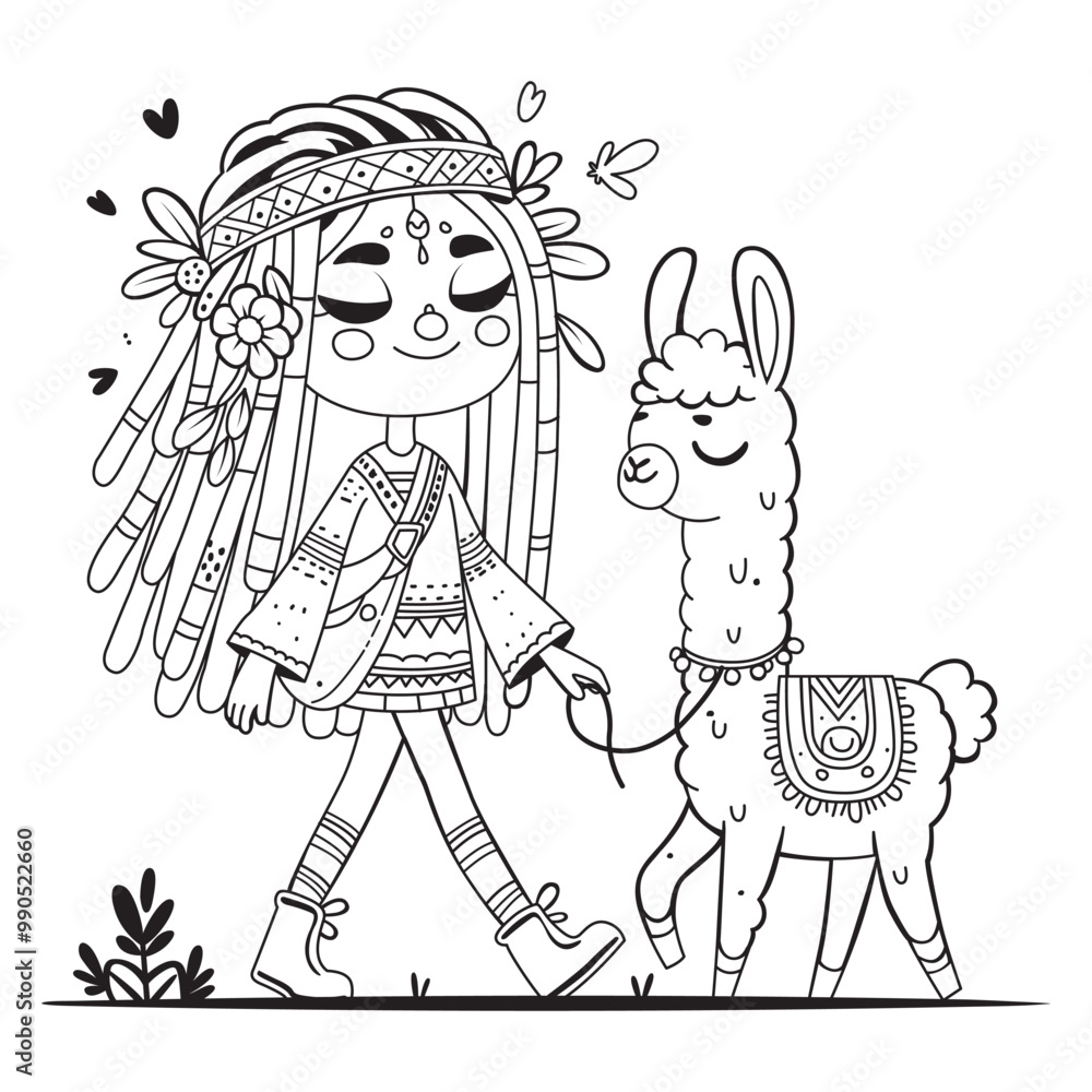 Fototapeta premium Cute girl with dreadlocks walks with a llama. Coloring page for children and adults. Art therapy. Black and white background for coloring.