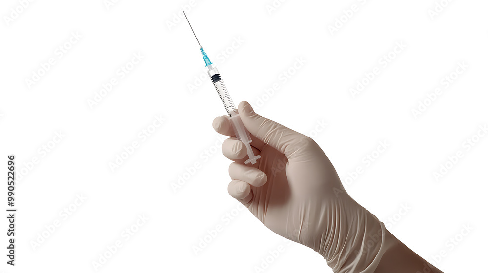 A doctor's hand holding a syringe. Side view of hand. Latex glove. White background A doctor's hand holding a syringe. Side view of hand. Latex glove. White background