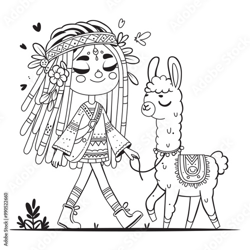 Cute girl with dreadlocks walks with a llama. Coloring page for children and adults. Art therapy. Black and white background for coloring.