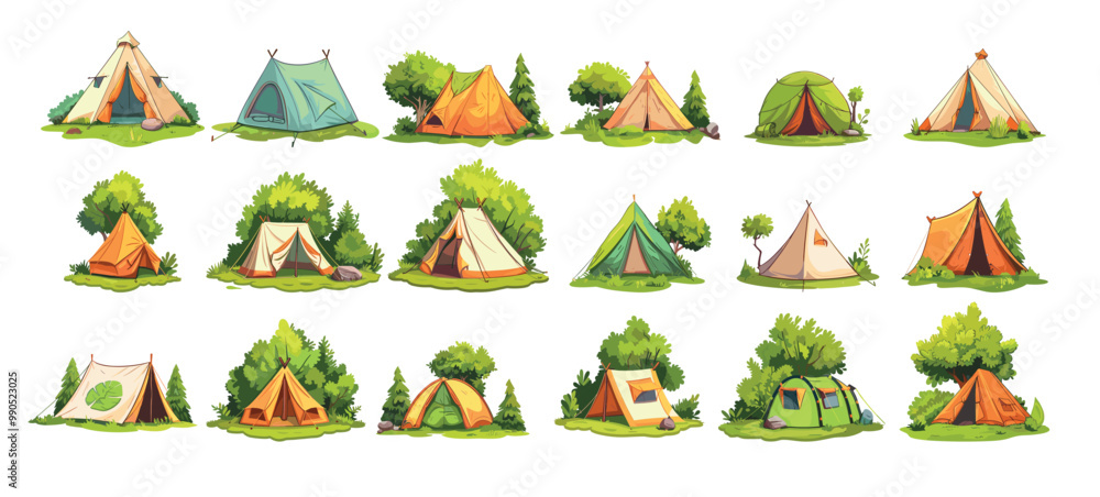Camp tents cartoon vector set. Camping tent ropes trees bushes green grass shrub summer hike outdoor adventures ecotourism expeditions accessories isolated on white background Camp tents cartoon vector set. Camping tent ropes trees bushes green grass shrub summer hike outdoor adventures ecotourism expeditions accessories isolated on white background