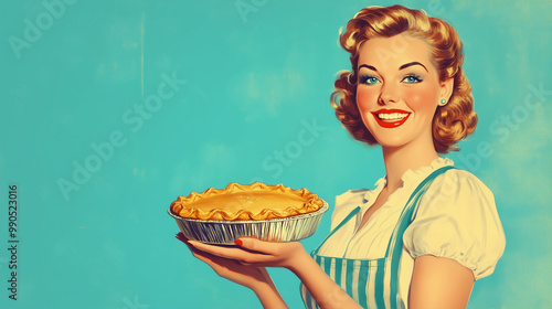 A vintage commercial style illustration of a perfect retro style traditional housewife in candy colours, smiling and holding a fresh baked pie. Wide landscape 16:9 with copy space, text blank