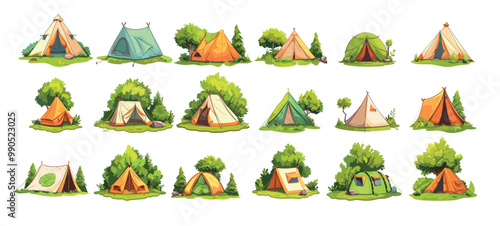 Camp tents cartoon vector set. Camping tent ropes trees bushes green grass shrub summer hike outdoor adventures ecotourism expeditions accessories isolated on white background