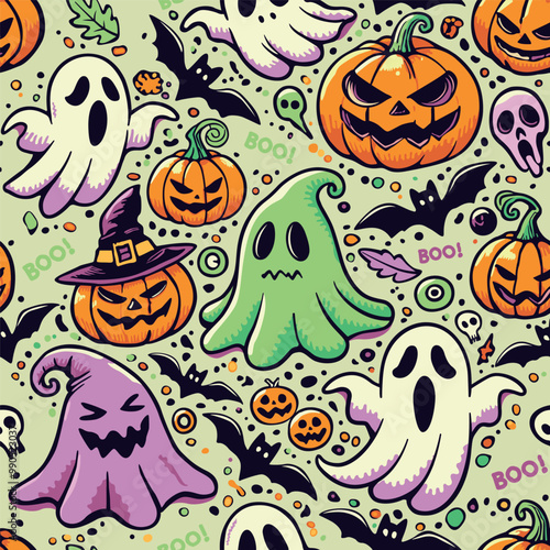 Seamless pattern on the theme of Halloween holiday with flying ghosts, bats and beautiful pumpkins in hats. Seamless background in flat vector style. photo