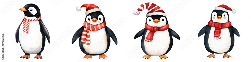 Fototapeta premium Four cheerful penguins in winter attire, isolated on a white background, perfect for holiday designs.