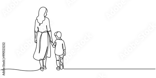 Happy family in continuous line art drawing style. Back view of parents with one child holding hands and walking together black linear sketch, Happy Mother day card. Continuous one line drawing woman