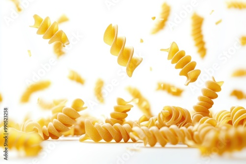 Uncooked fusilli pasta spirals captured mid-air, isolated on a clean white background, showcasing texture and movement. photo