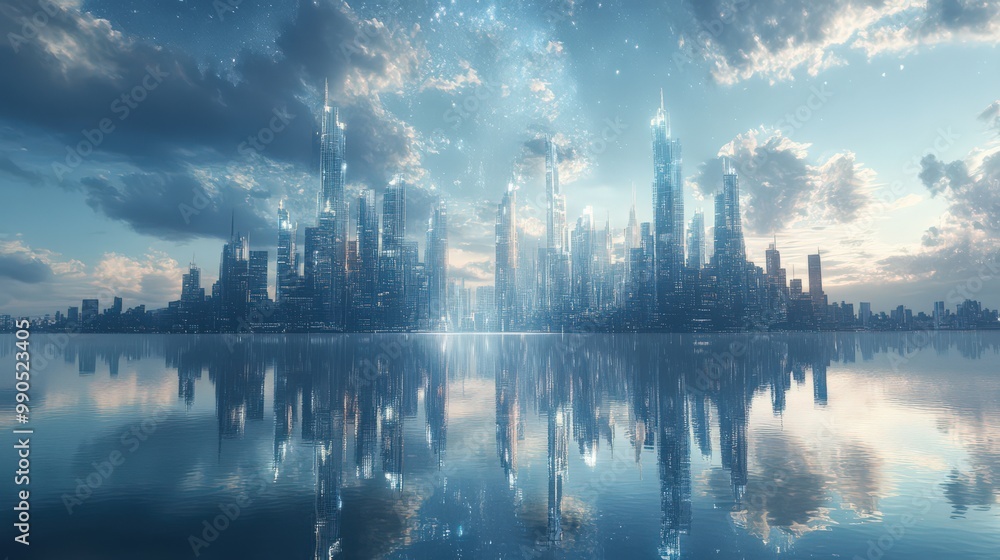 Naklejka premium Futuristic Cityscape with Reflections and Skyline