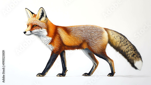 A red fox walking on a white background.