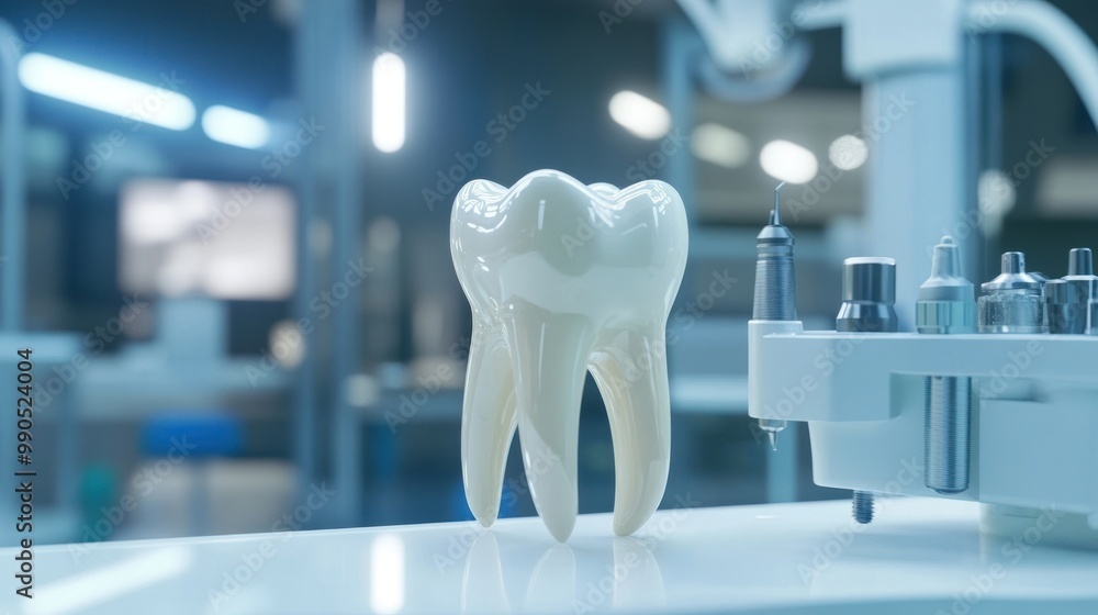 A white tooth model sits on a table in a sterile, modern dental office. The model is a representation of a healthy tooth and is surrounded by a variety of dental tools. A white tooth model sits on a table in a sterile, modern dental office. The model is a representation of a healthy tooth and is surrounded by a variety of dental tools.