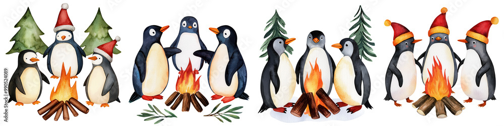 Obraz premium Playful penguins celebrating with Christmas trees and campfire in a festive winter setting.
