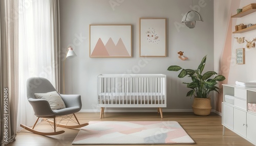 Bright and cozy nursery featuring a rocking chair, crib, and decorative elements for a welcoming environment.