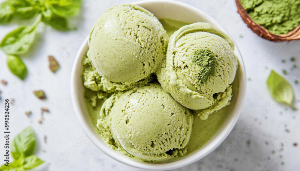 Matcha green tea ice cream scoops with fresh basil in bowl Matcha green tea ice cream scoops with fresh basil in bowl