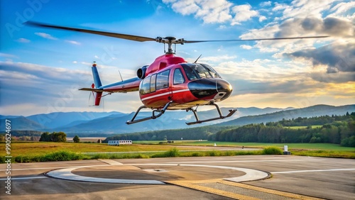 A helicopter taking off or landing on a helipad.