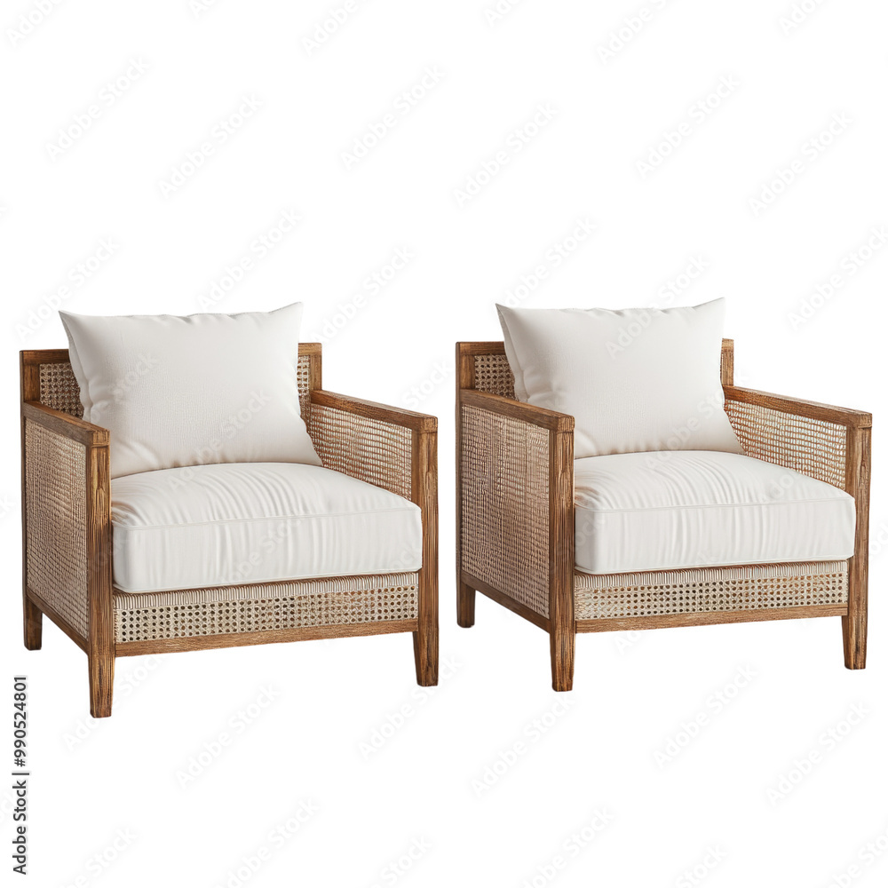 A set of two rattan armchairs with white cushions, on the left and right sides of an isolated background. A set of two rattan armchairs with white cushions, on the left and right sides of an isolated background.