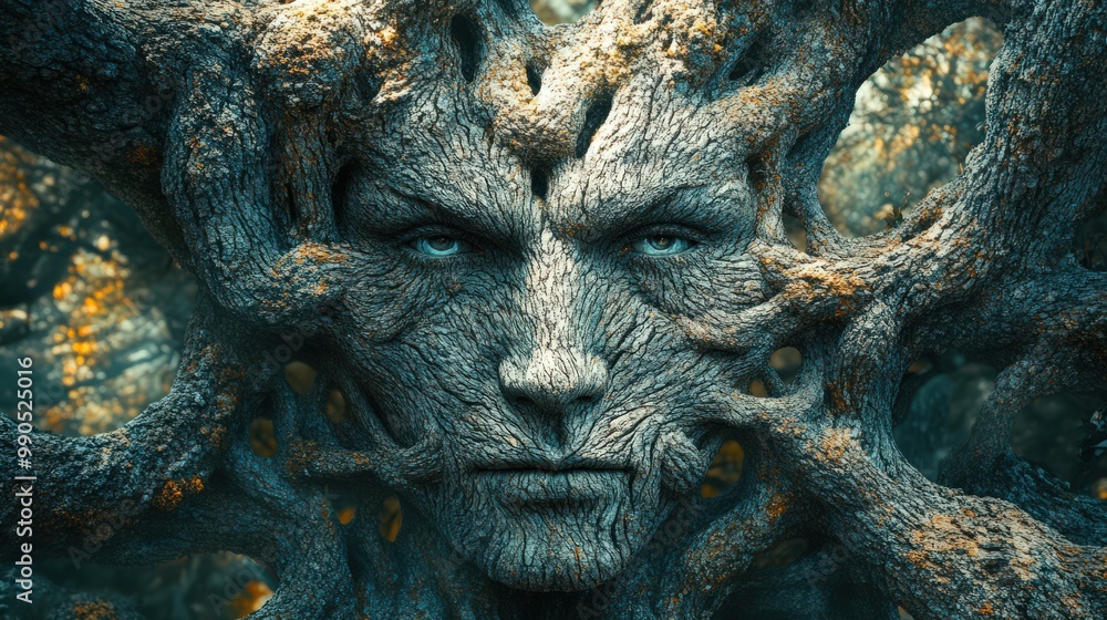 Fototapeta premium Enigmatic Face Merged with Twisted Natural Elements
