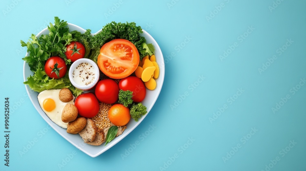 A heart-shaped bowl filled with fresh vegetables and healthy foods. A heart-shaped bowl filled with fresh vegetables and healthy foods.