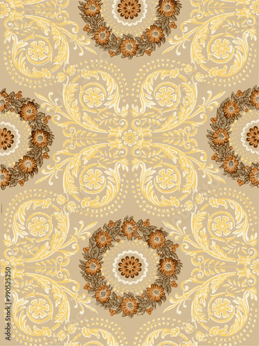 Vintage floral wallpaper with a pattern of yellow swirls, dots, and orange/red flowers.