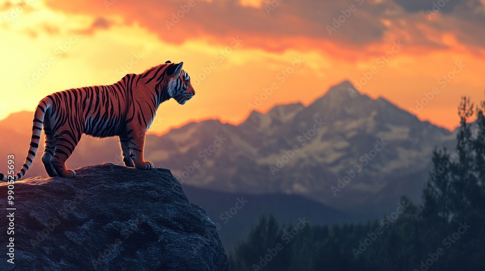 Fototapeta premium A lone tiger stands on a rock overlooking a mountain range at sunset.