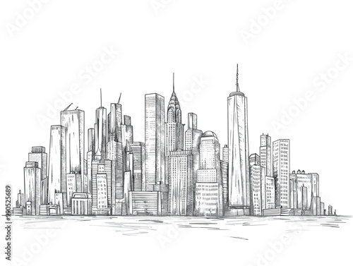 isolate white background, City Skyline - with skyscrapers and urban sprawl., drawings in colure pencil easy, very simple and isolate in the style of animated illustrations, white background