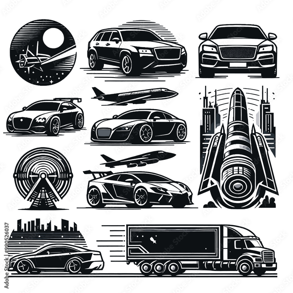 Obraz premium Collection of Monochrome Transportation and Cityscape Illustrations
