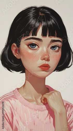 A closeup portrait painting of a cute pretty female teen character with black bob hairstyle, wearing pink shirt, looking at the camera against light paslel background. Anime cartoon girl illustration. photo