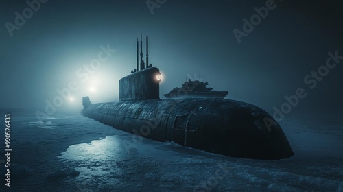 A submarine emerging from the Arctic ice, a foggy night, with an armored tank on its roof - a cinematic movie still