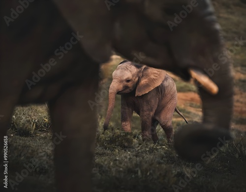 Canvas Print A baby elephant stands in the grass, watched over by a larger elephant