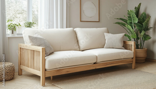 Modern living room with a beige sofa standing by the window