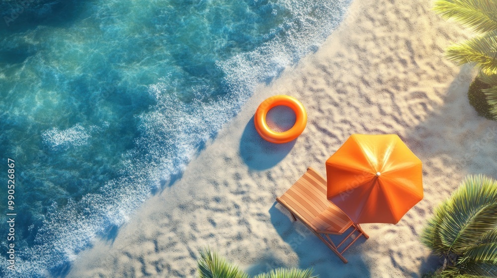Naklejka premium Overhead view of a beach with an orange umbrella, lounge chair, and an inflatable ring.