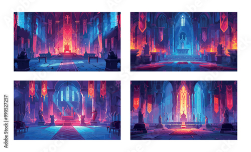 Castle thrones hall cartoon vector scenes. Stone walls palace heralds tapestries columns king queen medieval ballroom royal majesty fantasy game asset interiors concepts
