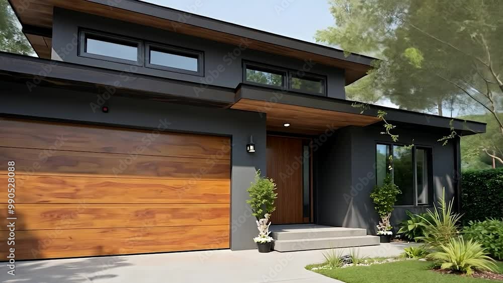 Modern Home with Wooden Garage Door