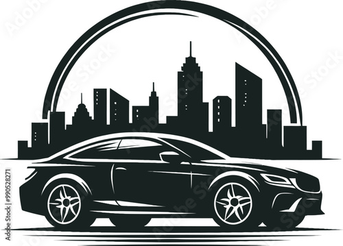 Elegant City Coupe Black Car Silhouette Against Urban Skyline Illustration