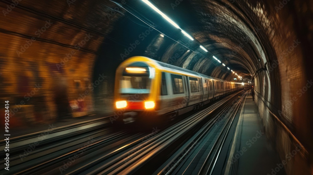 A train speeding through a dark tunnel with bright lights. A train speeding through a dark tunnel with bright lights.
