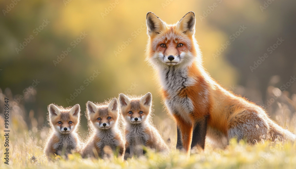 Naklejka premium Red fox mother watching over her three cute cubs in a sunny meadow