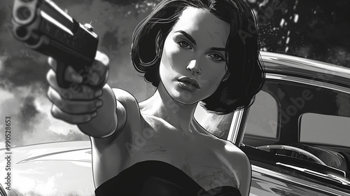 A black and white comic book illustration of an attractive woman with short dark hair wearing a shoulderless dress, pointing a pistol at the camera