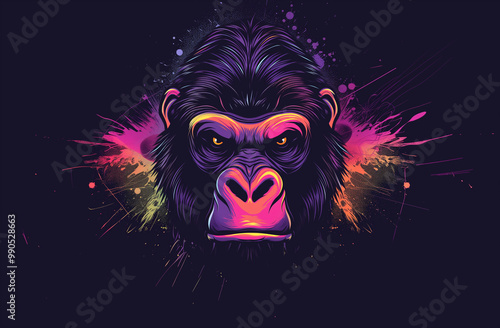 A captivating vector illustration of an angry gorilla face, featuring vibrant colors and bold lines to create a visually striking design against the dark background